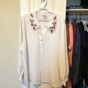 White Button Down Shirt with Embroidered Collar